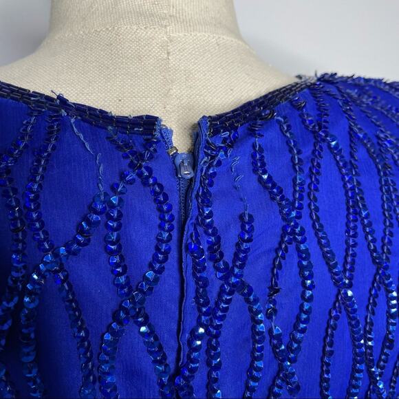 Laurence Kazar Silk Sequin Beaded Mini Dress Vintage 1980s Cobalt Blue M GUC - Picture 9 of 13